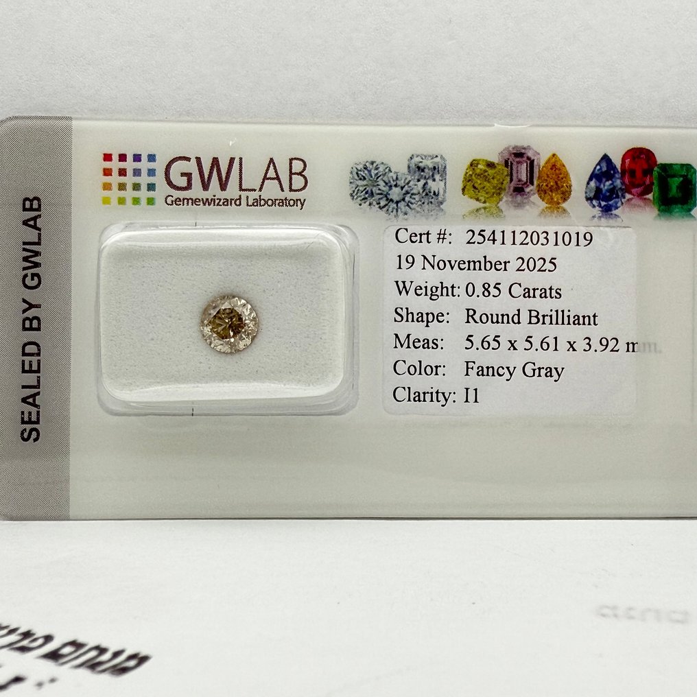 没有保留价 - 1 pcs 钻石 (天然色彩的) - 0.85 ct - 圆形 - Fancy 灰色 - I1 内含一级 - Gemewizard宝石实验室(GWLab) #4.3