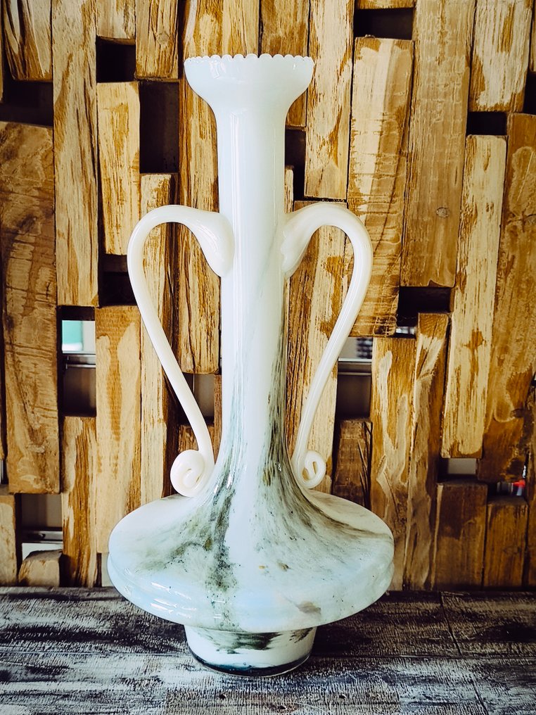 花瓶 -  1955年乳白玻璃大理石花瓶  - 乳白玻璃 - 乳白色大花瓶 #4.3