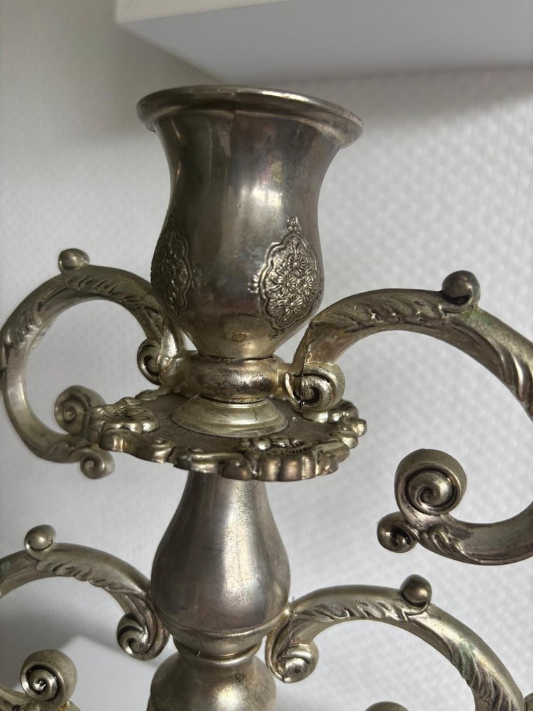 Chandelier Ancien Plaqué Argent de Style Baroque à Cinq Lumières - Naczynie do cienkiej świecy - Posrebrzany, Metal #3.2