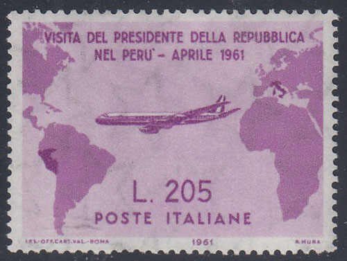 Ιταλική Δημοκρατία 1961 - Γκρόντσι Ρόσα. Επίσκεψη του Προέδρου Γκρόντσι στην Αργεντινή, Ουρουγουάη και Περού (Λάθος στα - Sassone n. 921 (Errore confini Perù) #1.0