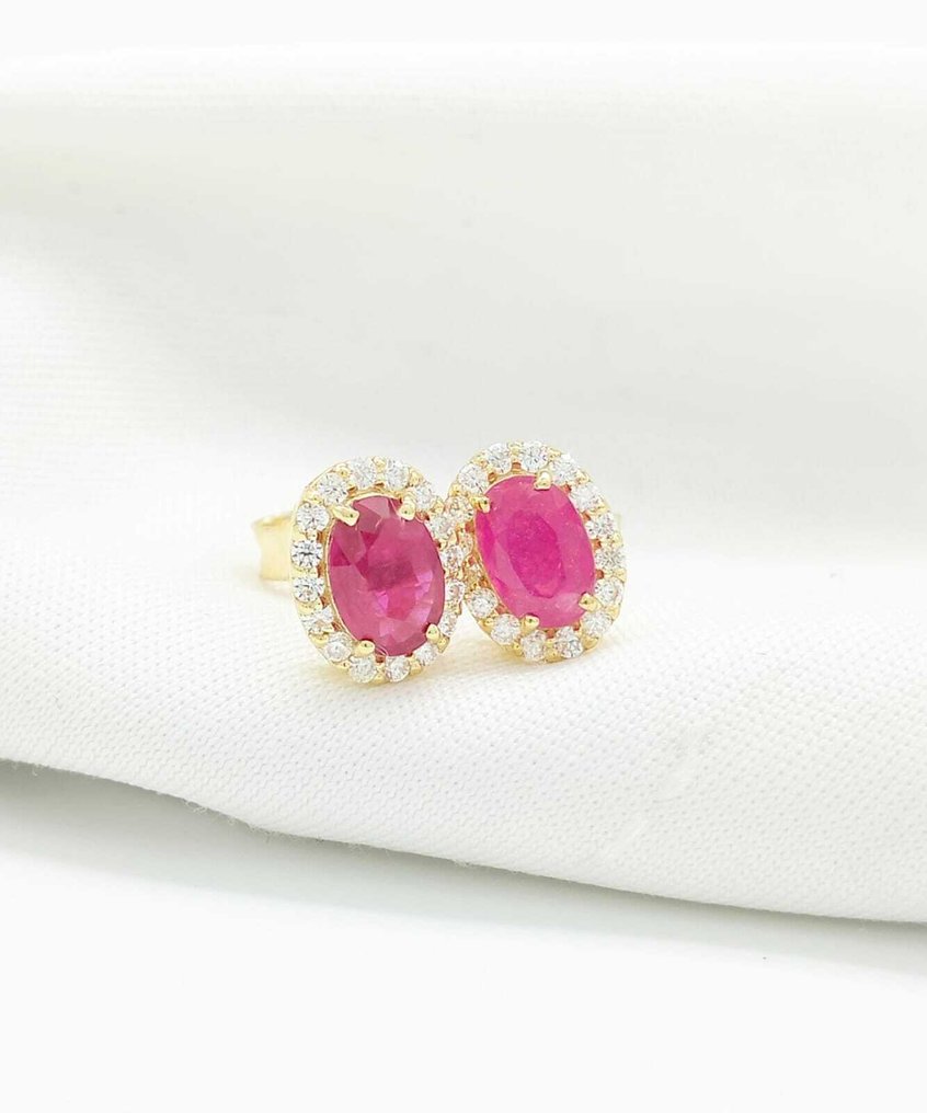 沒有保留價 - 耳環 - 14 克拉 黃金 紅寶石 - 鉆石 #1.0