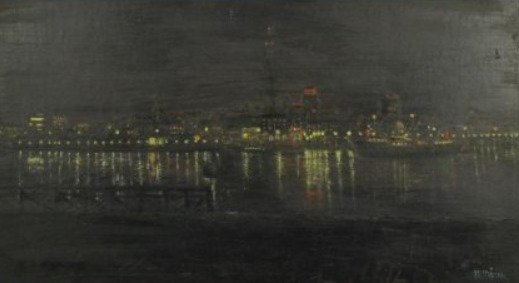 Frans Van Damme (1858–1925) XL - obraz dwustronny !!! Możliwy XIX wiek . - „Antwerp by Night” Nocny widok na promenadę #1.0