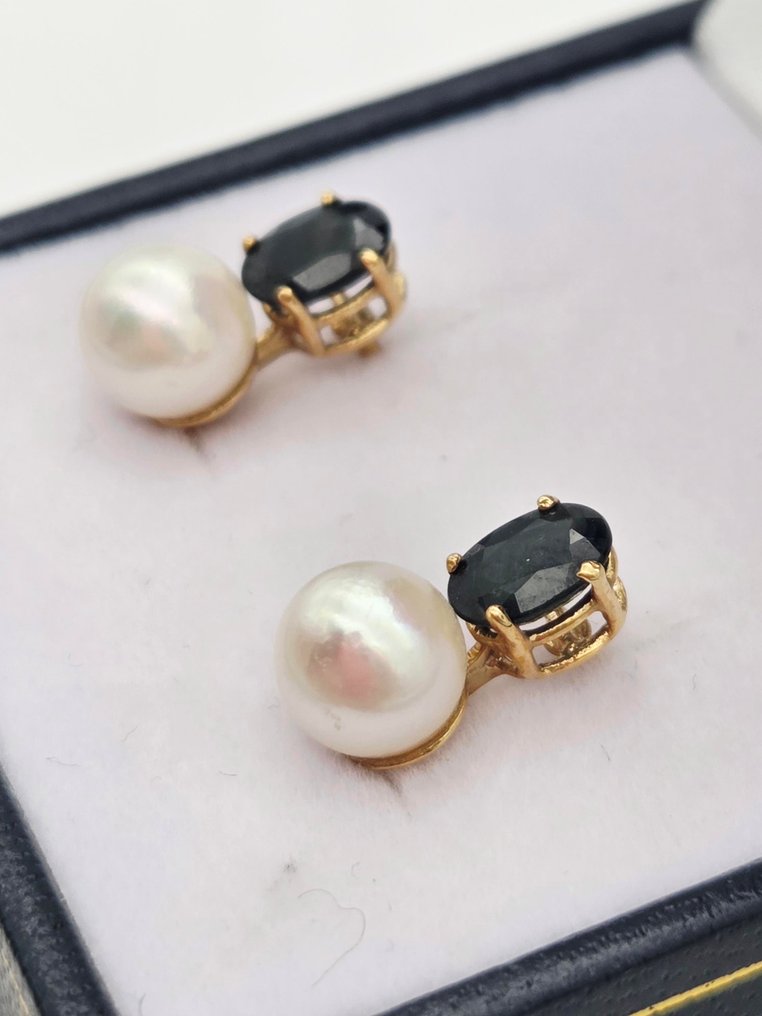 耳环 - 18K包金 黄金 -  1.00ct. tw. 珍珠 - 蓝宝石 #1.0