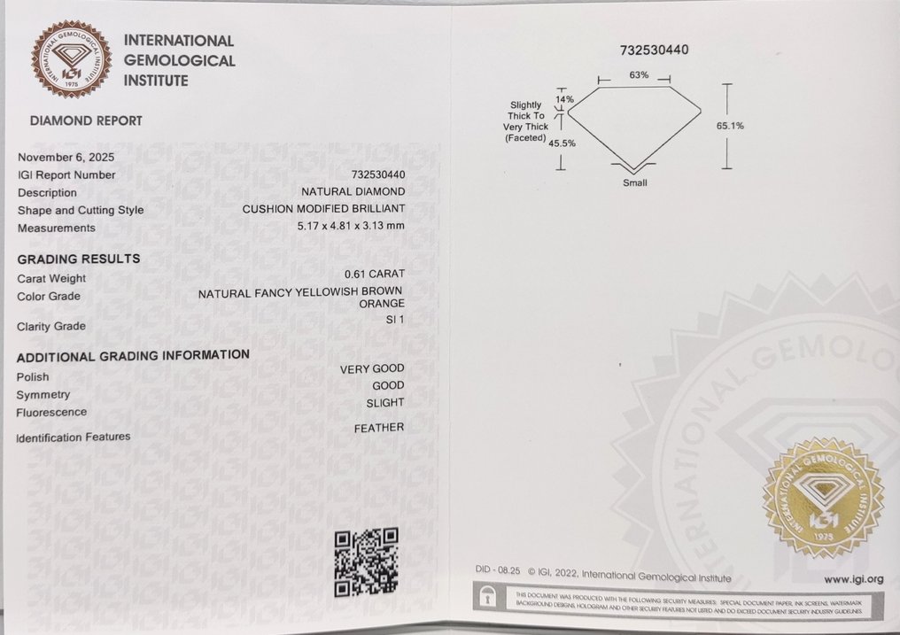 χωρίς τιμή ασφαλείας - 1 pcs Διαμάντι  (Φυσικού χρώματος)  - 0.61 ct - Κούσιον - Fancy Κιτρινωπό, Καφέ Πορτοκαλί - SI1 - International Gemological Institute (IGI) #4.3