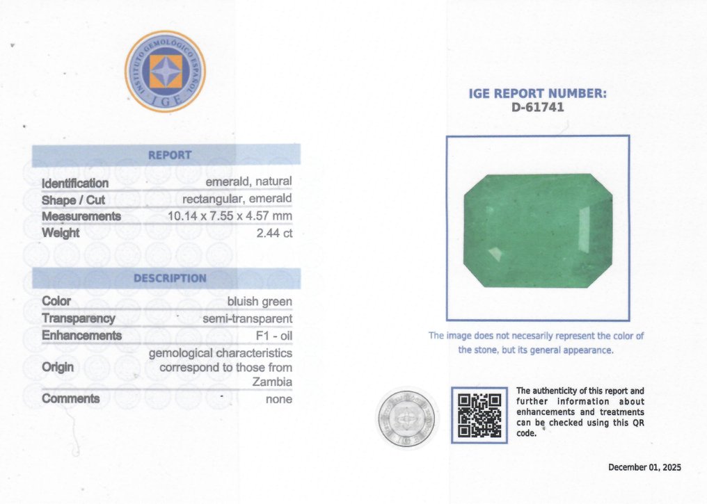 1 pcs Green Emerald - 2.44 ct - Instituto Gemólogico Español (IGE) - Minor Oil #2.1