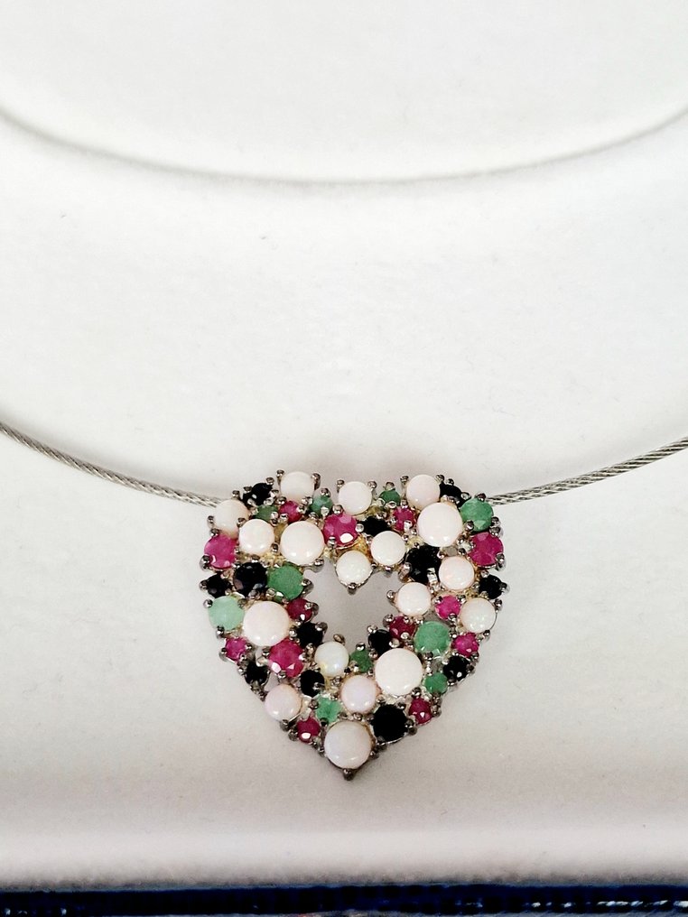 χωρίς τιμή ασφαλείας - Κρεμαστό κόσμημα Ασημί Διάφοροι πολύτιμοι λίθοι - Μεγάλο κρεμαστό καρδιάς. #2.1