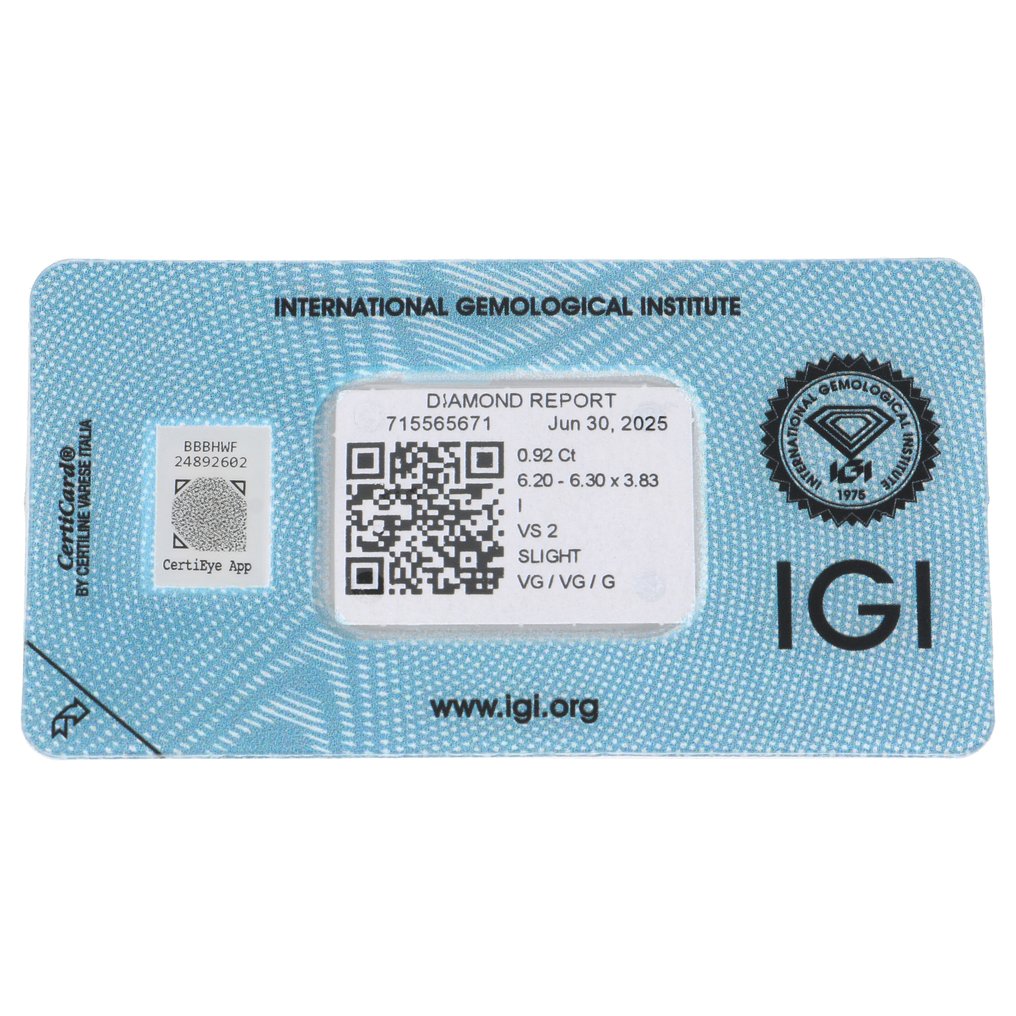 No Reserve Price - 1 pcs Diamond (Natural) - 0.92 ct - Round - I - VS2 - International Gemological Institute (IGI) #2.1