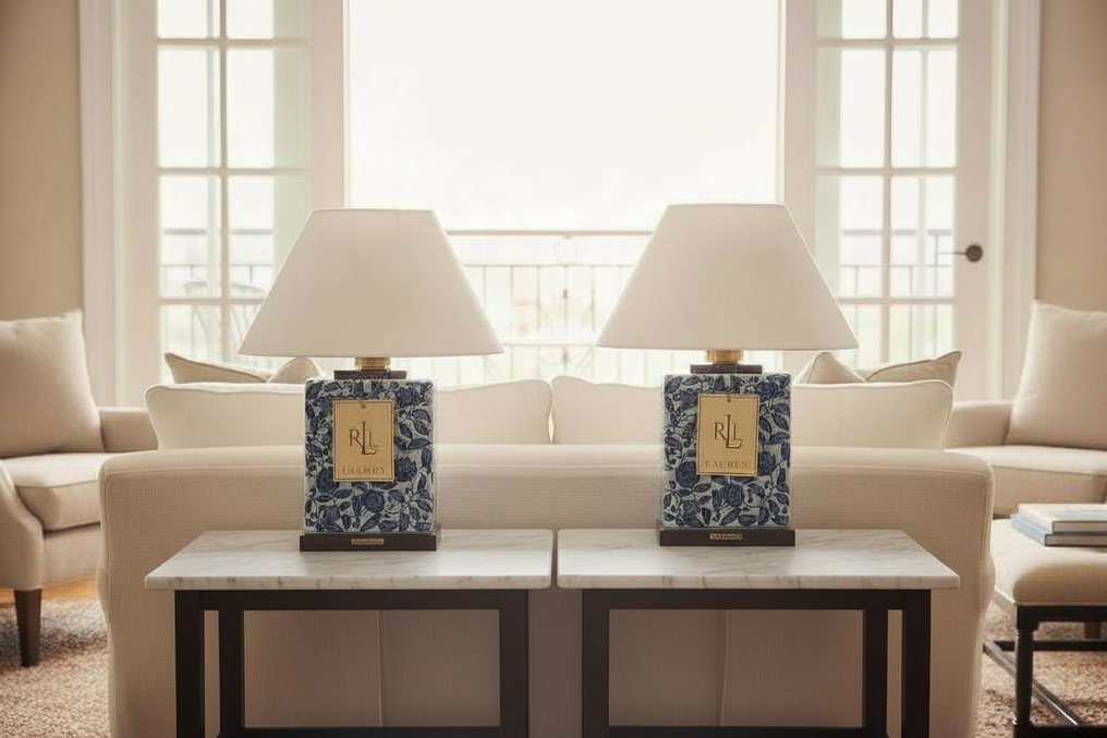 Ralph Lauren Home - Table lamp (2) - Highly luxurious Blue and White flowers Porcelain Table Lamp - Bone china - Set of Ralf Lauren Home #3.2