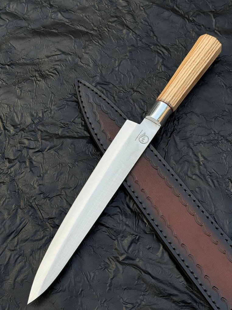 厨刀 - 日式风格。手工厨房刀，ASH木材。银色护手，皮革10/47。 - 亚洲 #2.1