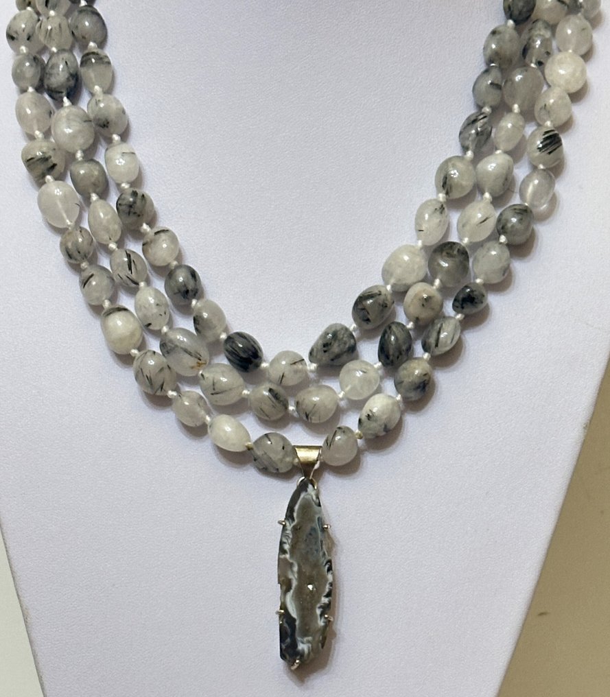 Cuarzo Rutilo și Agate Quartz Geode Druzy (51 x 15 mm) / 1115 ct / Calitate înaltă AAA - Colier - Cieștere din argint 925 #2.1