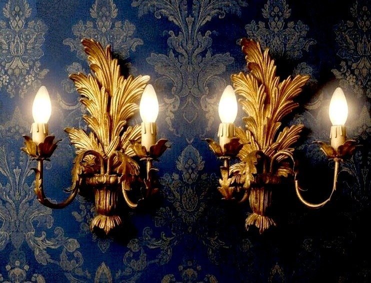 壁式燭台 - 木 - 一对壁灯“金叶” - 双光 #1.0