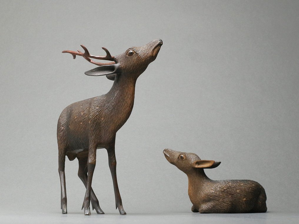 小雕像 - Pair of Deer Sculptures (黄揚木 鹿置物) with Wooden Box - 黄杨木 - 日本 #1.0