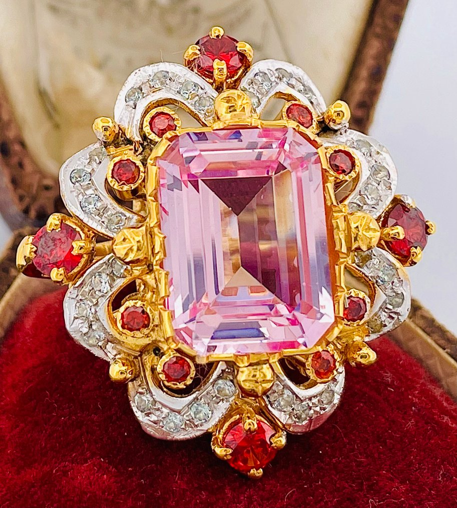 Nincs minimálár - Gyűrű - 9 Kt Sárga arany, Ezüst Szintetikus drágakő - Akvamarin #4.3