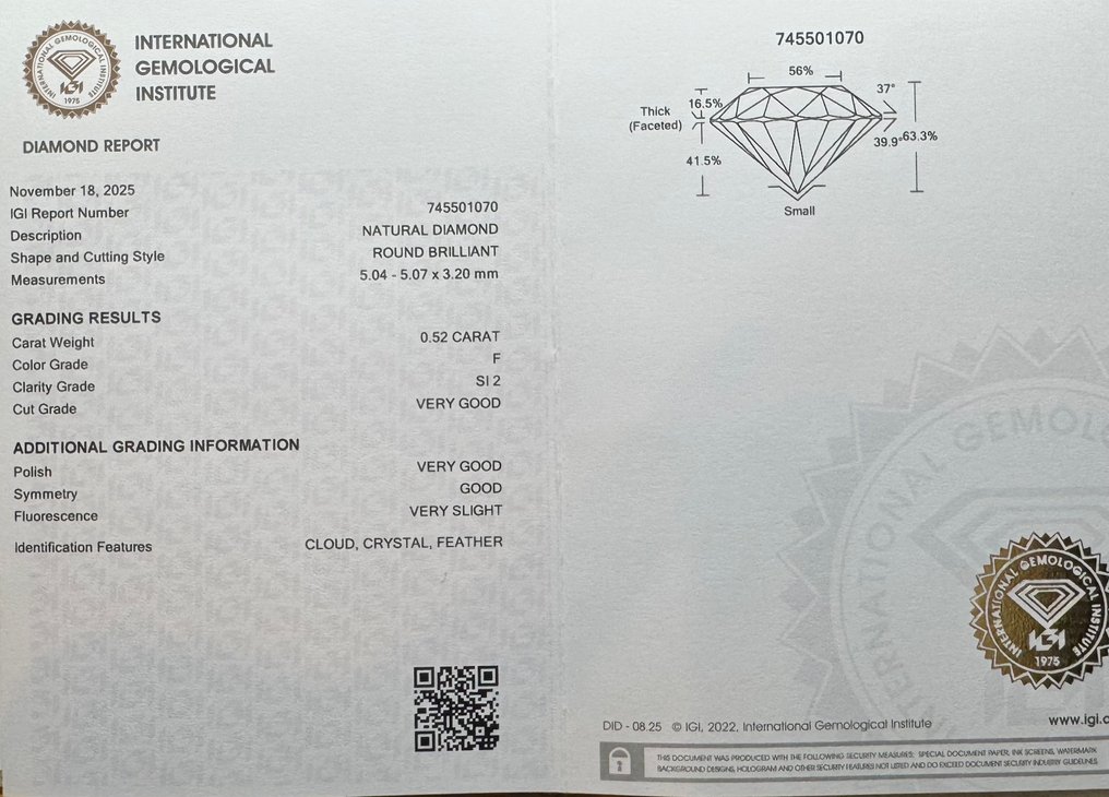 没有保留价 - 1 pcs 钻石 (天然) - 0.52 ct - 圆形 - F - SI2 微内含二级 - 国际宝石研究院(IGI) #2.1