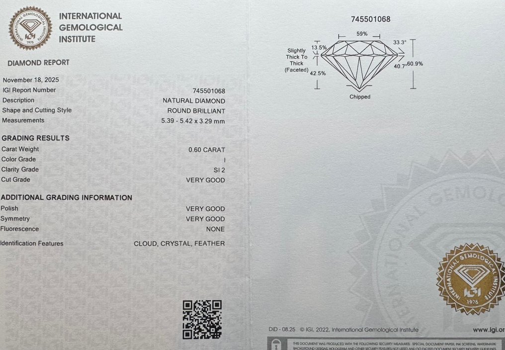 没有保留价 - 1 pcs 钻石 (天然) - 0.60 ct - 圆形 - I - SI2 微内含二级 - 国际宝石研究院(IGI) #2.1
