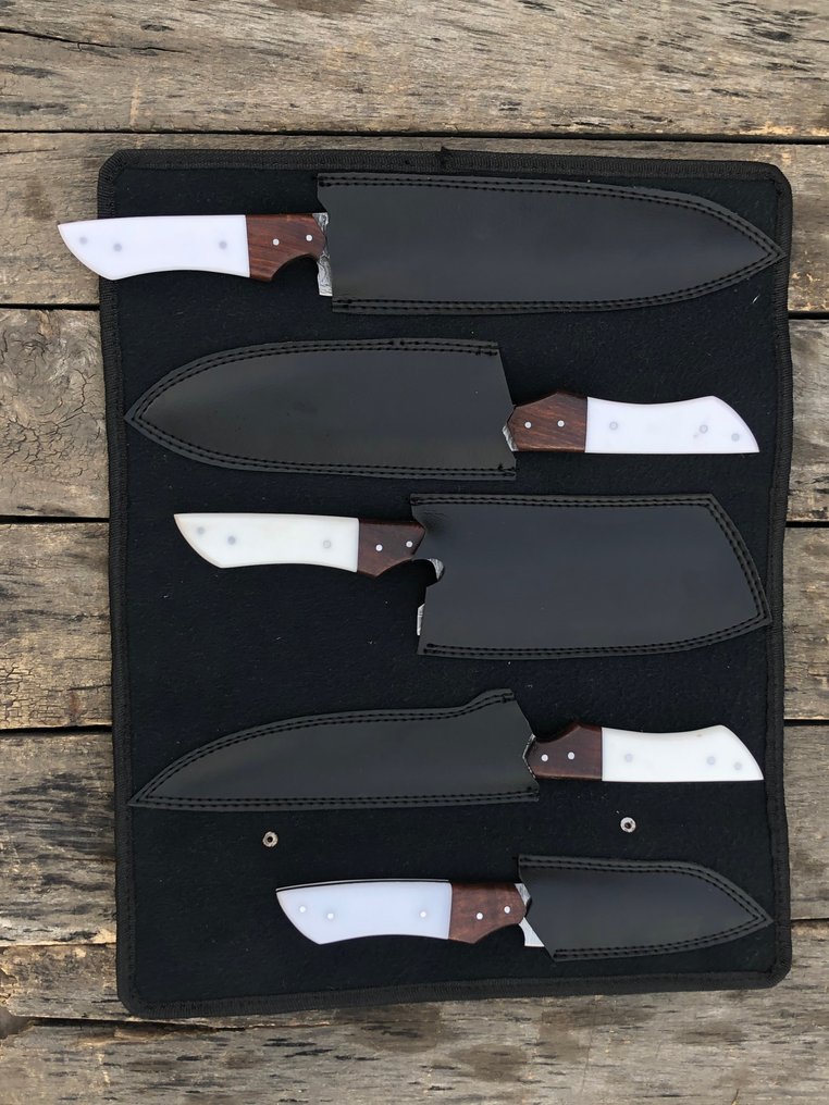 Couteau de cuisine - Ensemble de 5 couteaux de chef en acier forgé, collection d'objets de collection faits main, manche - Amérique du Nord - Leather Saya (Dr6) #1.0
