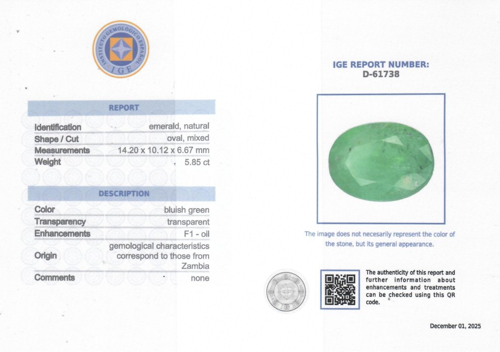 1 pcs Πράσινο Σμαράγδι - 5.85 ct - Instituto Gemólogico Español (IGE) - Μικρό πετρέλαιο #2.1