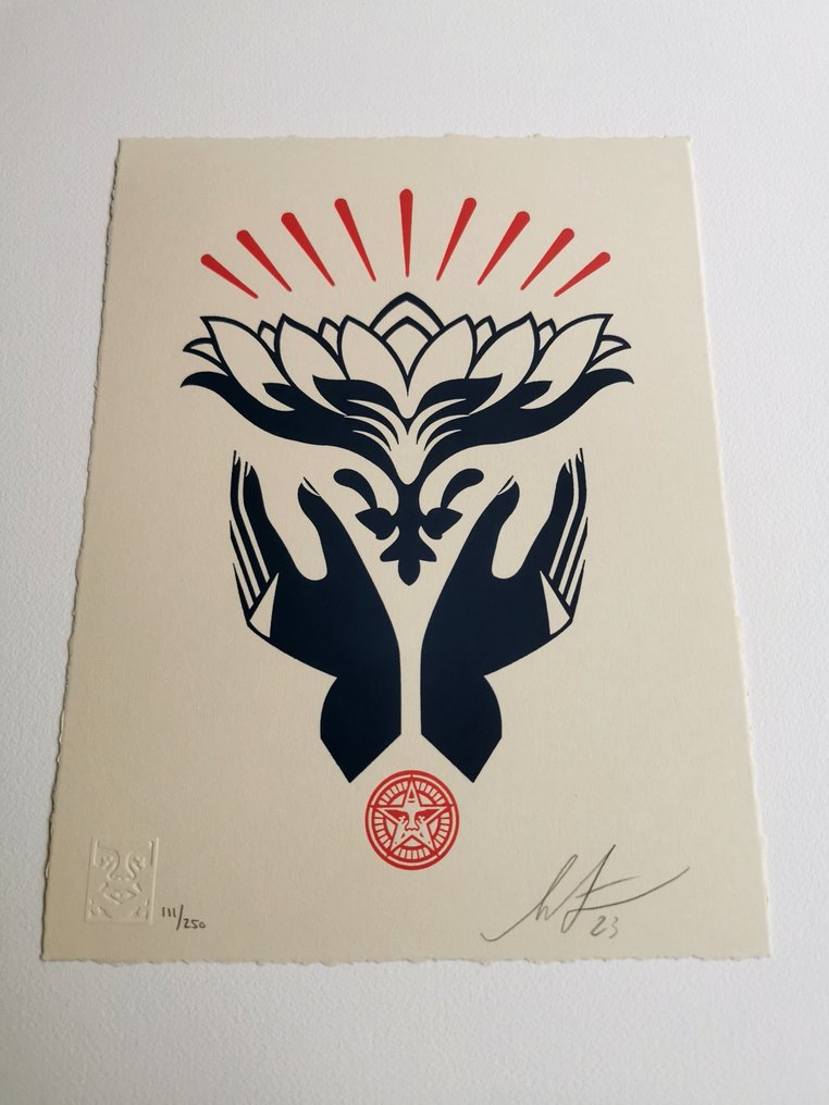 Shepard Fairey (OBEY) (1970) - Lotus Hands Letterpress (Red) #2.1