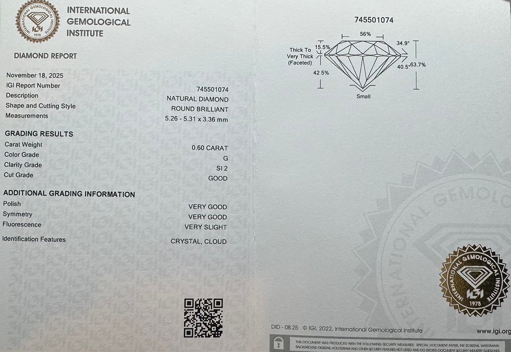 Nincs minimálár - 1 pcs Gyémánt (Természetes) - 0.60 ct - Kerek - G - SI2 - Nemzetközi Gemmológiai Intézet (IGI) #2.1
