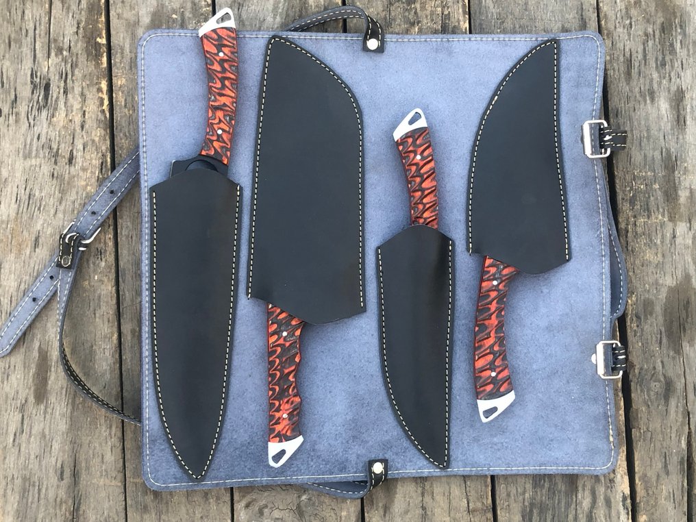 Μαχαίρι κουζίνας - Σετ χειροποίητων συλλεκτικών μαχαιριών σεφ (5) με ειδικό ιαπωνικό ατσάλι, σπάνια λαβή. - Βόρεια Αμερική - Δερμάτινο Saya (Dr11) #1.0