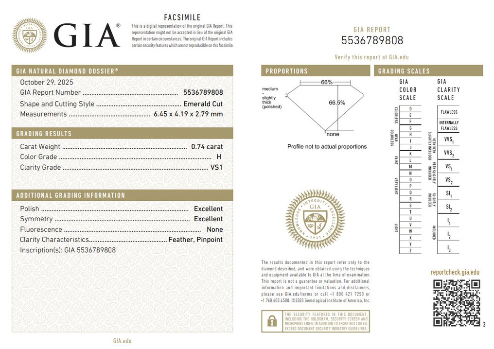 1 pcs Diamant (Naturlig) - 0.74 ct - Smaragd - H - VS1 - Gemologisk institutt i Amerika (GIA) #2.1
