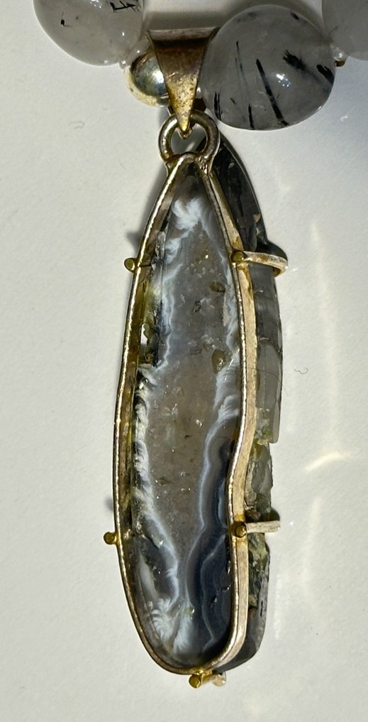 Cuarzo Rutilo și Agate Quartz Geode Druzy (51 x 15 mm) / 1115 ct / Calitate înaltă AAA - Colier - Cieștere din argint 925 #4.3