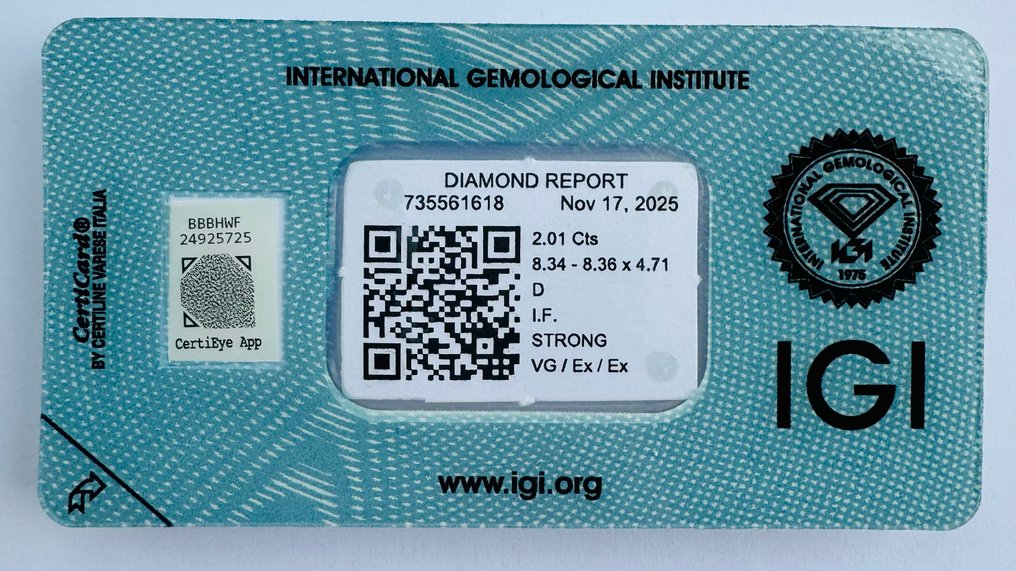 No Reserve Price - 1 pcs Diamond  (Natural)  - 2.01 ct - Round - D (colourless) - IF - International Gemological Institute (IGI) - *VG EX EX* Free Shipping #4.3