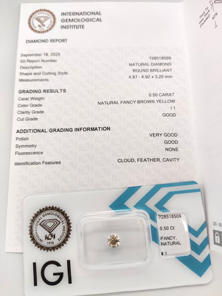 没有保留价 - 1 pcs 钻石 (天然色彩的) - 0.50 ct - 圆形 - Fancy 棕色 黄色 - I1 内含一级 - 国际宝石研究院(IGI) #3.2