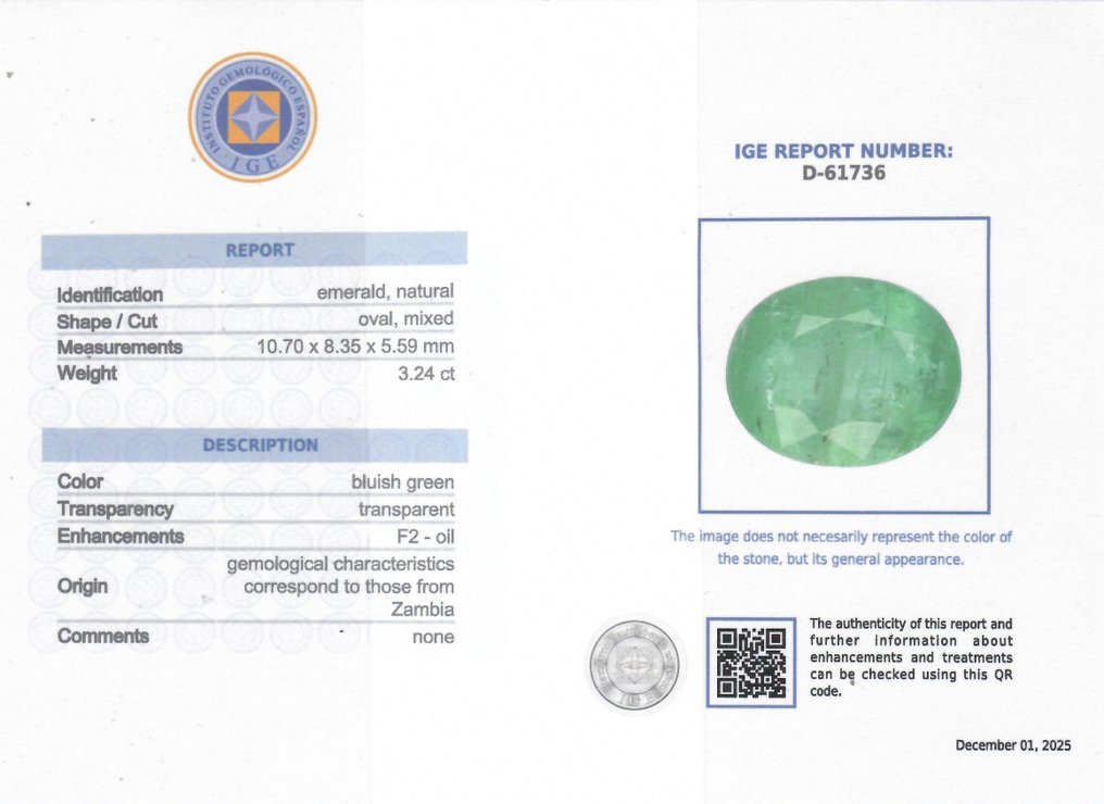 1 pcs Zöld Smaragd - 3.24 ct - Instituto Gemólogico Español (IGE) - Oil Minor #2.1
