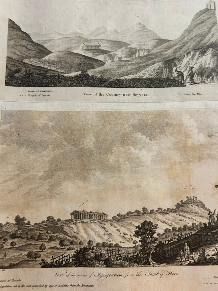 Italy - Sicily / Segesta; Autore: Henry Swinburne (disegno) Incisore: Isaac Taylor - View of the Ruins of Agrigentum from the Tomb of Thero// View of the Country near Segesta - 1751-1760 #2.1