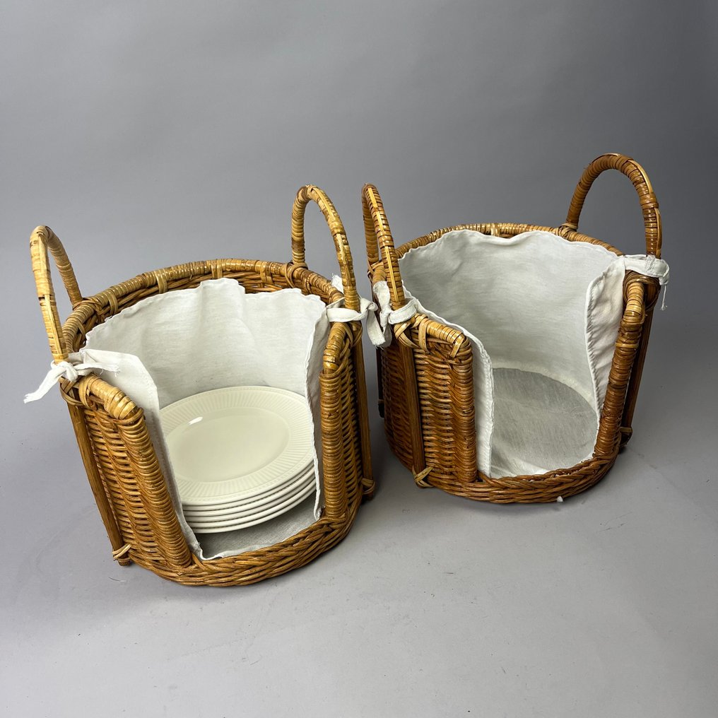 Καλάθι (2) - Κάδοι αποθήκευσης από wicker - Platecarriers, με υφασμάτινες επενδύσεις. - Rattan, Λινό #3.2