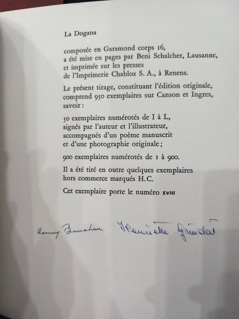 Signé ; Henry Bauchau  / Henriette Grindat - La Dogana [1/50 de tête avec poème autographe manuscrit et photo originale] - 1967 #1.0