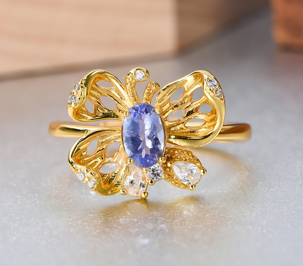 χωρίς τιμή ασφαλείας - Δαχτυλίδι - 18 καράτια Ασημί, Κίτρινο χρυσό - 0.50ct. tw. Τανζανίτης #2.1