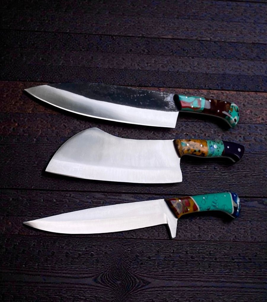 Set of THREE, Hand-Forged with Old Steel, Japanese Style Knives from Elite - Μαχαίρι κουζίνας - Chef's knife - Χάλυβας, Ξύλο, Εκλεκτό σετ 3 τεμαχίων, χειροποίητα σφυρηλατημένα ιαπωνικά παλαιά ατσάλι, αντίκες μαχαίρια - Ιαπωνία #1.0