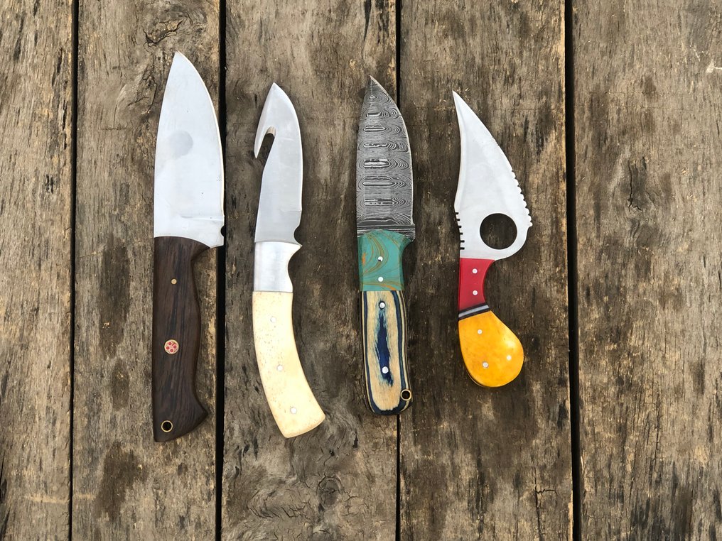 Køkkenkniv - Prestigefyldte håndlavede skinnersknive, smedet stål, hjortetak, træ og sjældent håndtag - Nordamerika - Læderskede TD2 #1.0
