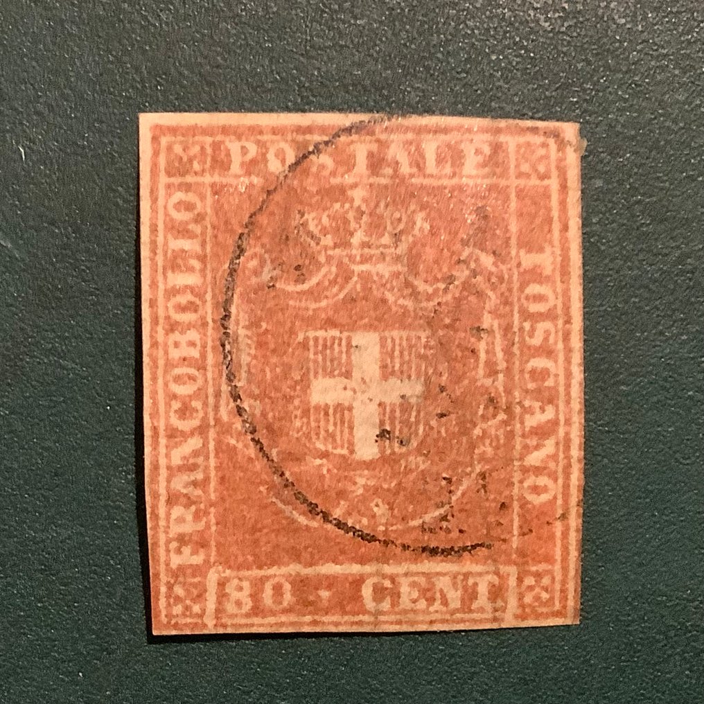 Αρχαία ιταλικά κράτη -  Τοσκάνη 1860 - 80 cent σήμα ασπίδας με καλές περιθωρίσεις. - Sassone 22 #1.0