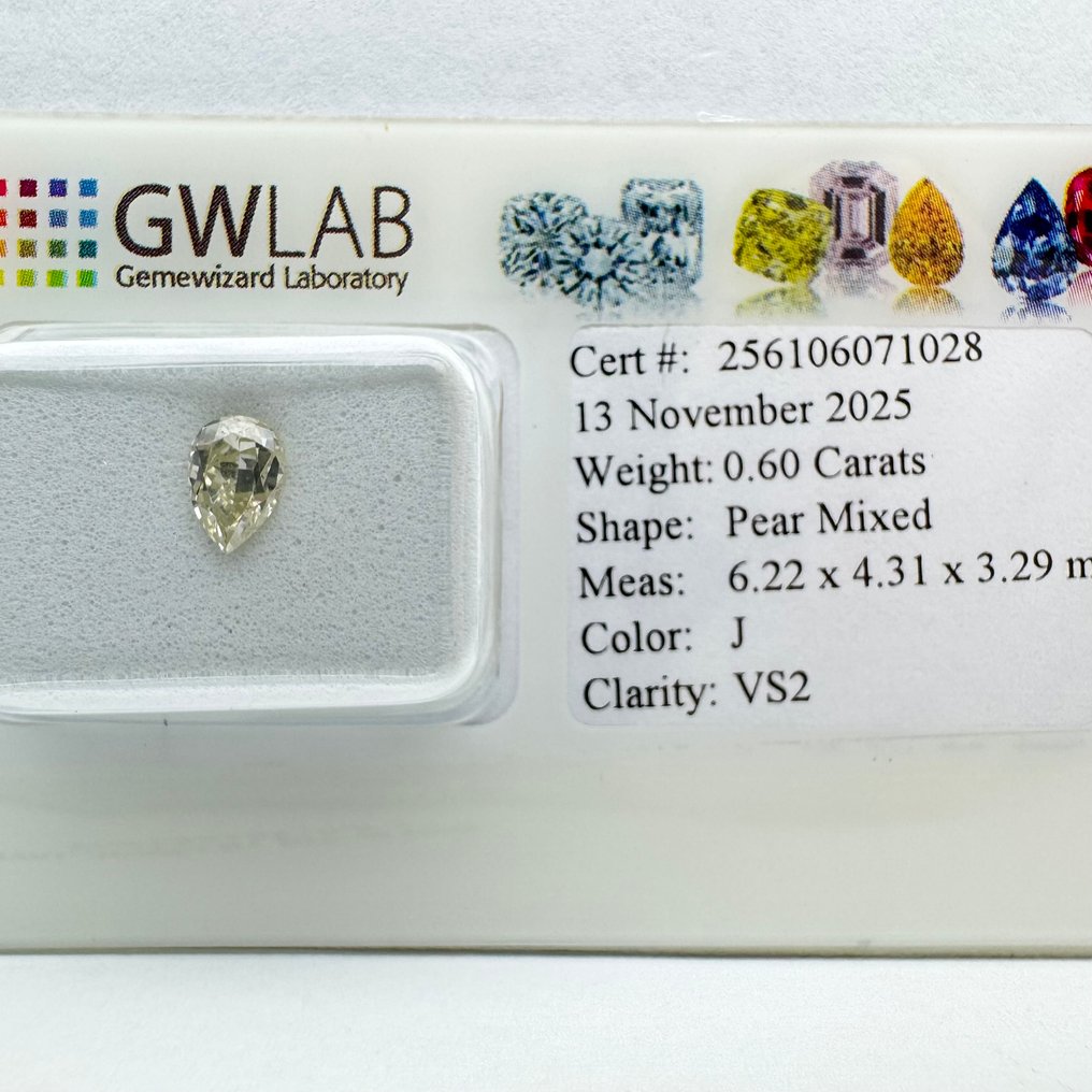 沒有保留價 - 1 pcs 鑽石  (天然)  - 0.60 ct - 梨形 - J(極微黃、從正面看是亮白色) - VS2 - Gemewizard Gemological Laboratory (GWLab) #1.0