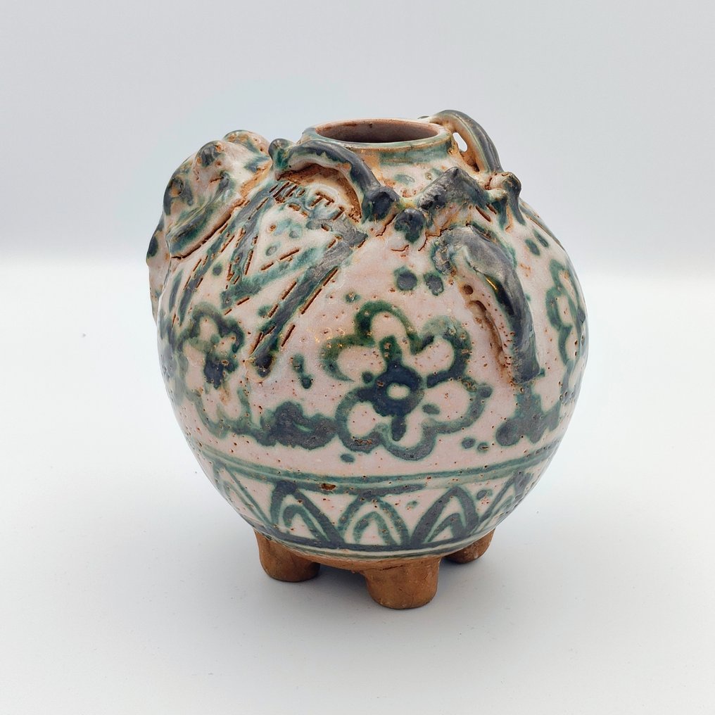 古老的兰纳王国 釉面陶瓷 大象头形状的药油瓶，配有花卉装饰 - 155 mm #2.1