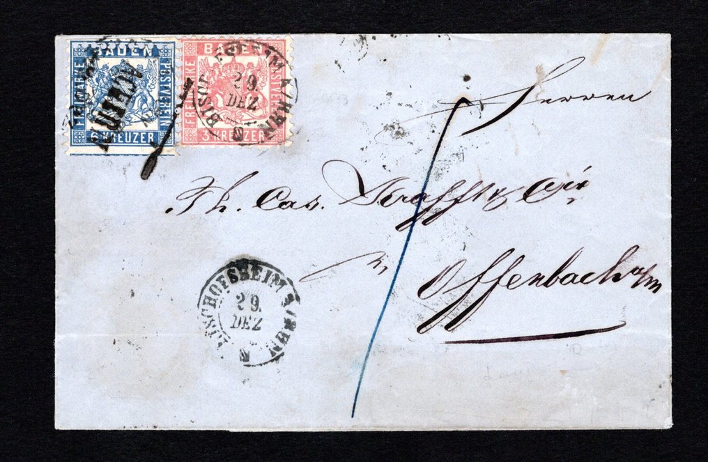 Baden 1862 - Briefing com K2 'Bischofsheim' e 6 Kr. adicionais com L2 'Achern' para Offenburg. - Michel 18, 19b #1.0