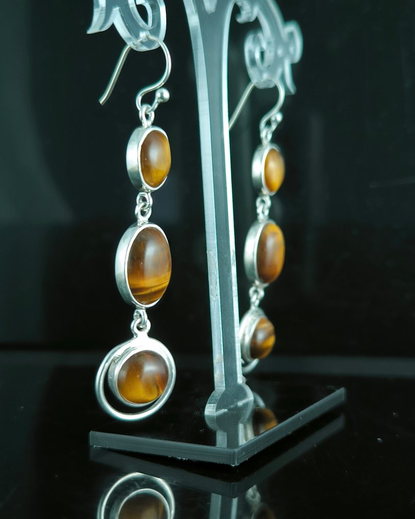 Ασημί - Σκουλαρίκια - Ojo de Tigre Plata de Ley #3.2