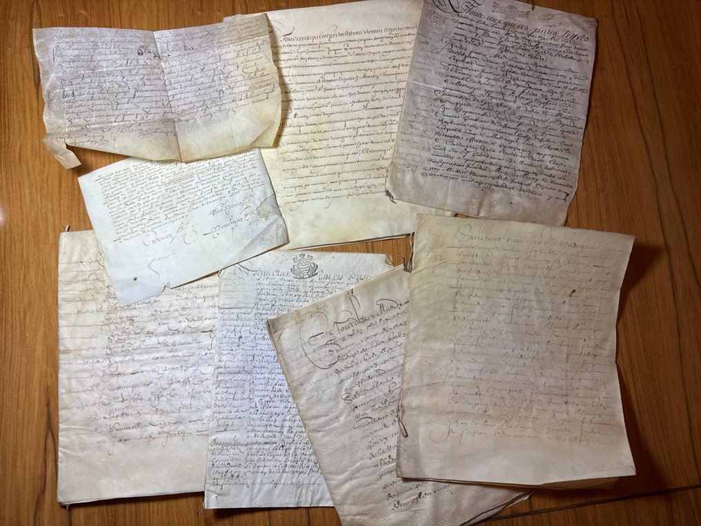 French Notaires of the 17th and 18th Century Ancient regime sous Louis XIV à XVI - 8 Vellum manuscripts French certifications and documents seal stamps 17th Century - 1623 #1.0