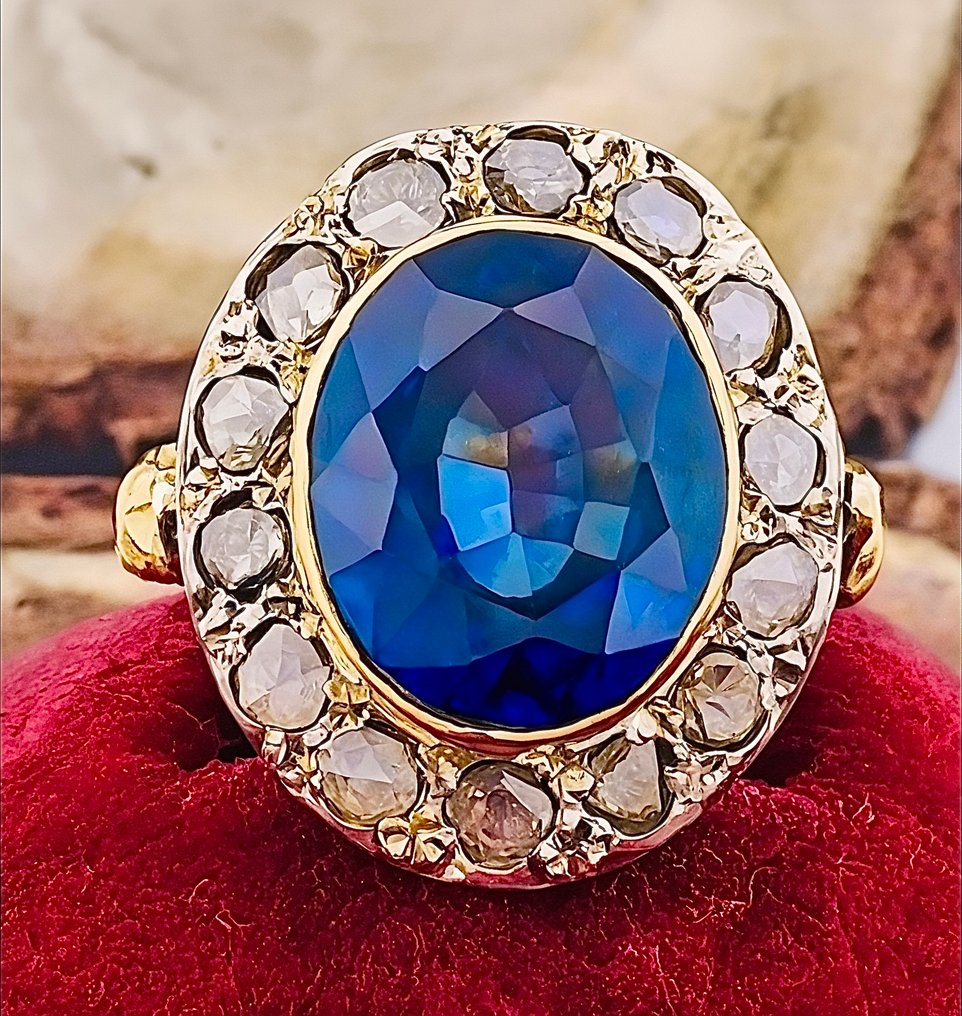 Sans prix de réserve - Bague - 9 carats Or jaune, Argent Saphir - Diamant #1.0