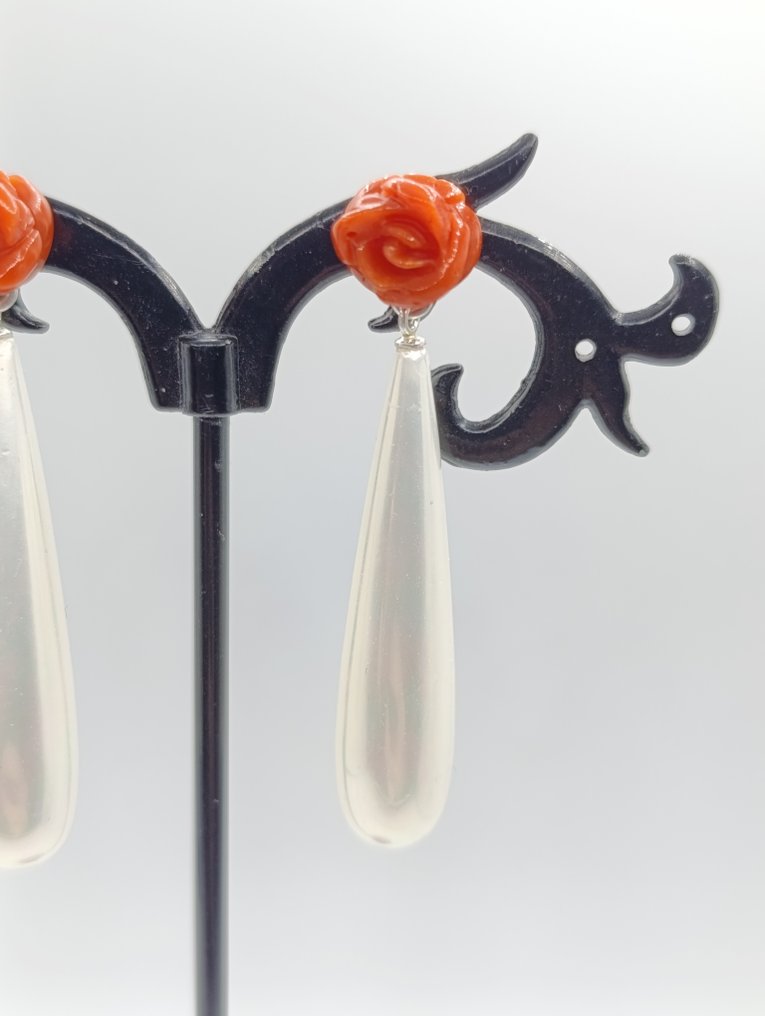 沒有保留價 - 耳環 銀, 撒丁岛的海洋珍珠与天然珊瑚 珊瑚 - 珍珠 - 撒丁岛珊瑚耳环 #3.2