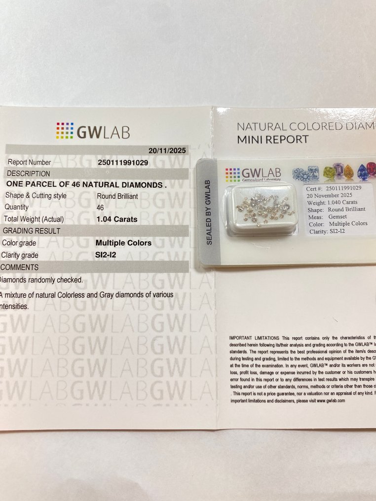 Utan reservationspris - 46 pcs Diamant  (Natural)  - 1.04 ct - Rund - SI2, I2 - Gemewizard Gemological Laboratory (GWLab) #4.3
