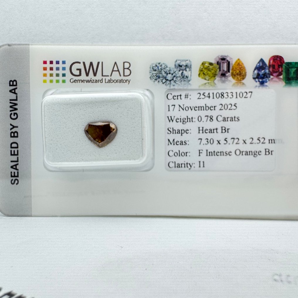 Sin Precio de Reserva - 1 pcs Diamante  (Color natural)  - 0.78 ct - Corazón - Fancy intense Naranja Marrón - I1 - Gemewizard Gemological Laboratory (GWLab) #4.3