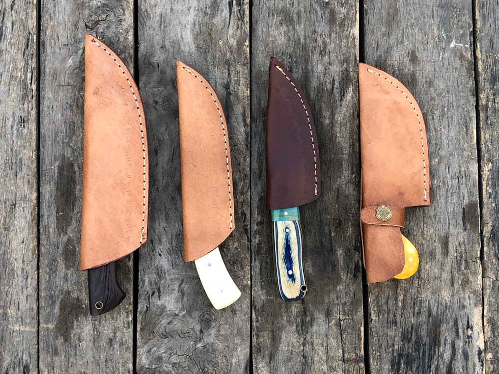 Køkkenkniv - Prestigefyldte håndlavede skinnersknive, smedet stål, hjortetak, træ og sjældent håndtag - Nordamerika - Læderskede TD2 #4.3