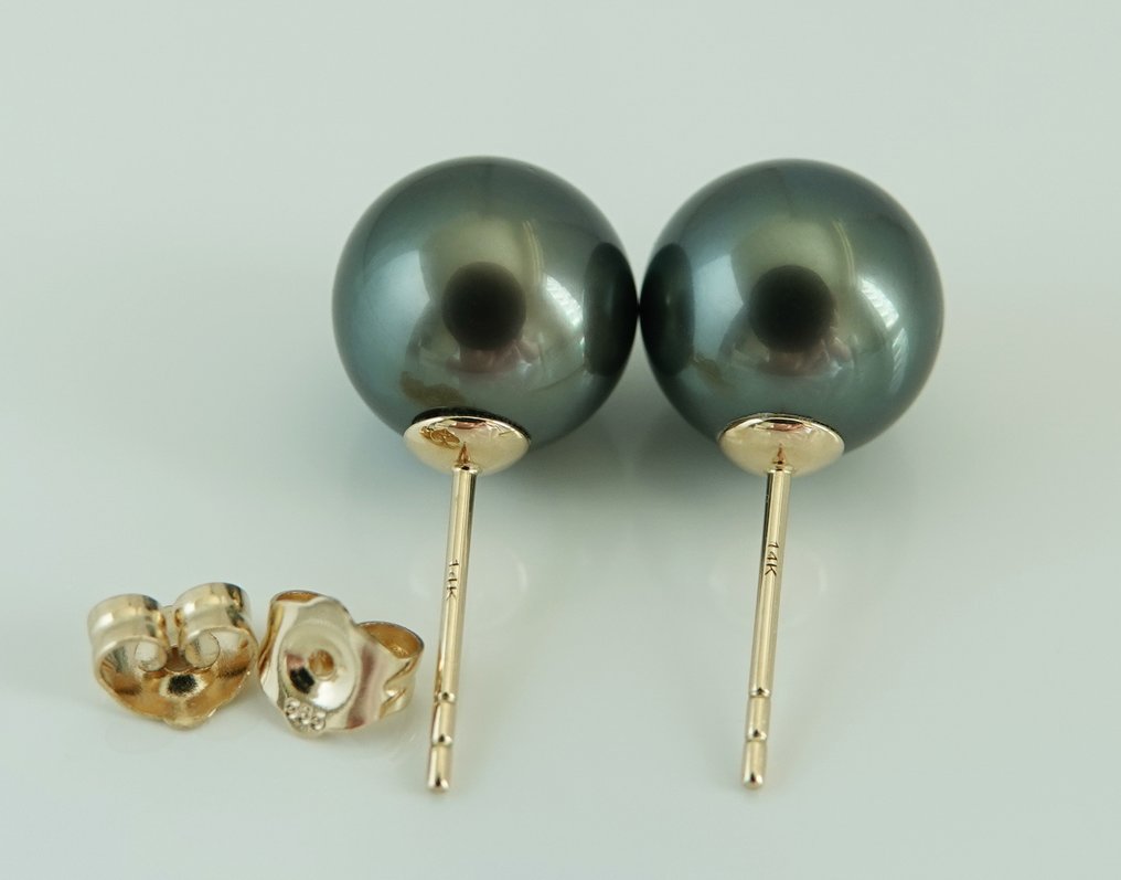 Sans Prix de Réserve - Boucles d'oreilles cloutées - 14 carats Or jaune Perle - Bleu foncé-vert, rond #2.1