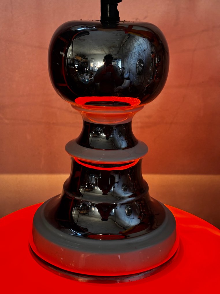 Κρεμαστό φωτιστικό - Γυαλί, Μέταλλο - Διαχυτής δίσκου από σατιναρισμένο πορσελάνινο οπάλινου πορτοκαλί γυαλί. #1.0