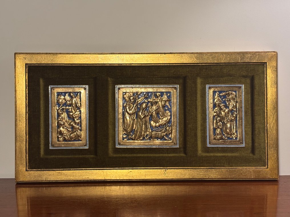 Modest Morató Ojer - Vallási triptichon - 50 x 24,5 cm - Bronz, Zománc, Fa - 1960-1970 #1.0