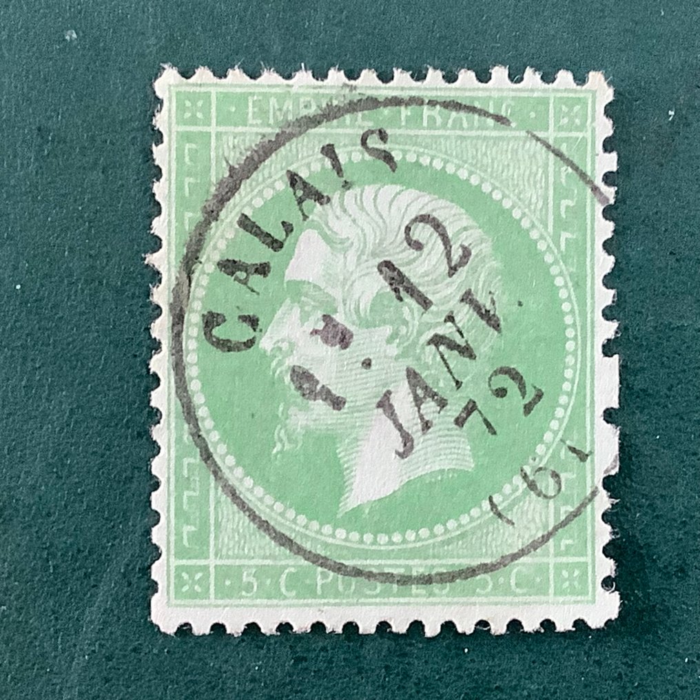 Francia 1871 - Moneda de 5 céntimos de Napoleón, centrada en verde sobre azul y con sello central de Calais. - Yvert 35 #1.0